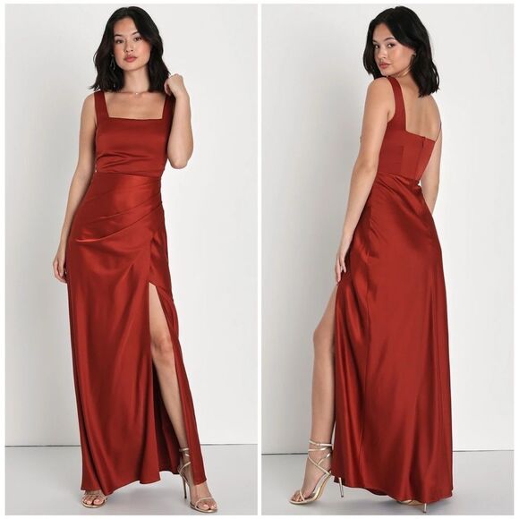Lulus | Dresses | Lulus Red Carpet Romance Rust Orange Satin Square ...